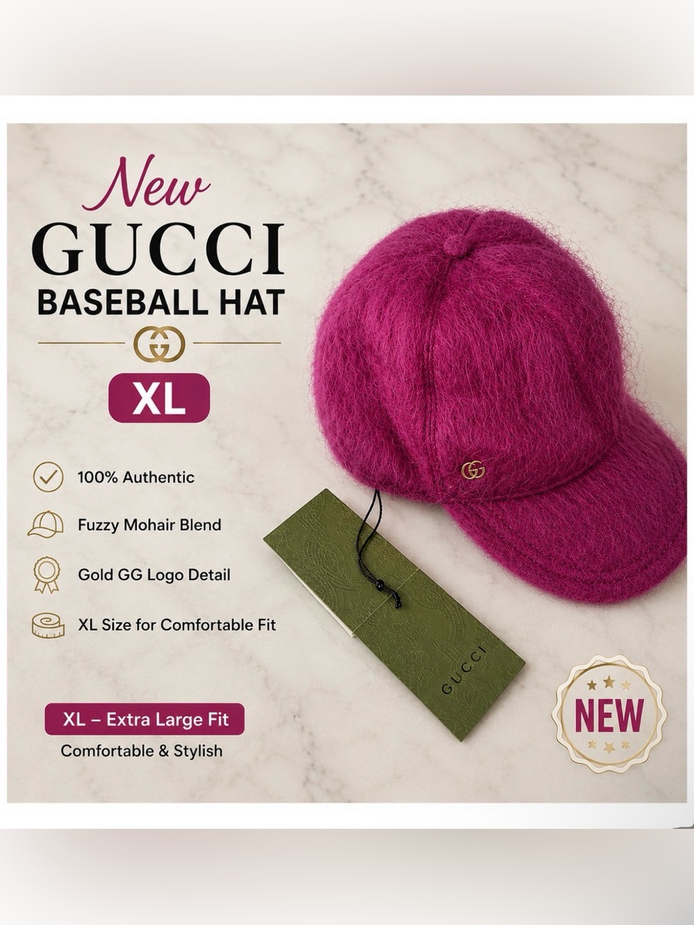 NEW Gucci Fuchsia Fuzzy Wool-Blend Baseball Cap with Gold Double-G PINK FUCHSIA